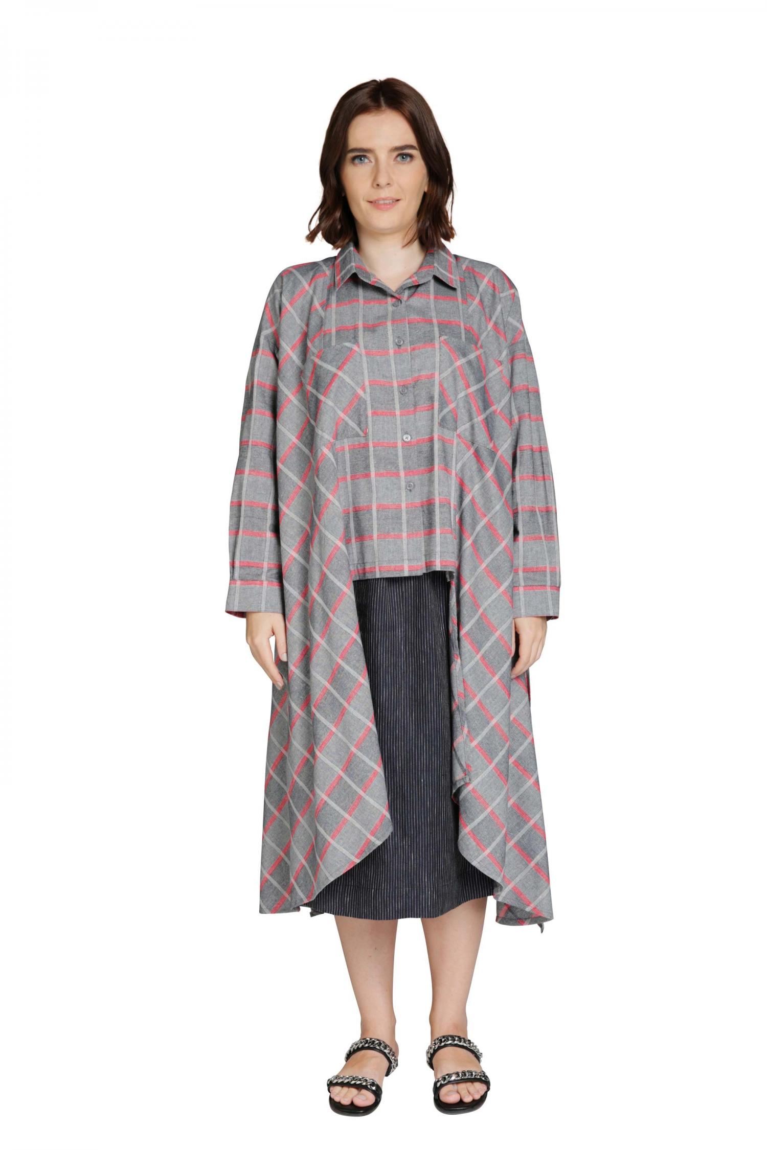 Checked asymmetrical shirt in grey and red